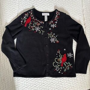Vintage Tiara International Sz L Christmas Beaded Embroidered Cardinal Cardigan
